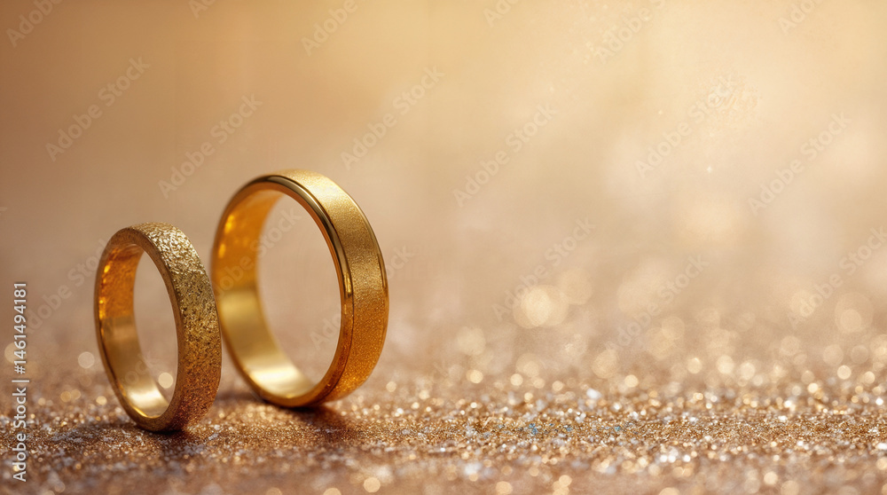 Panoramic banner of two upright gold wedding bands symbolic of love and romance on a textured glitter background with copy space for your greeting or congratulations Panoramic banner of two upright gold wedding bands symbolic of love and romance on a textured glitter background with copy space for your greeting or congratulations