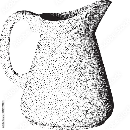 A black and white pitcher stands upright showcasing a detailed pointillist