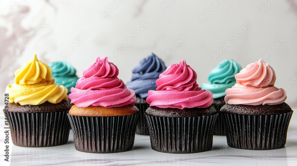 Vibrant cupcakes with colorful frosting on white backdrop Vibrant cupcakes with colorful frosting on white backdrop