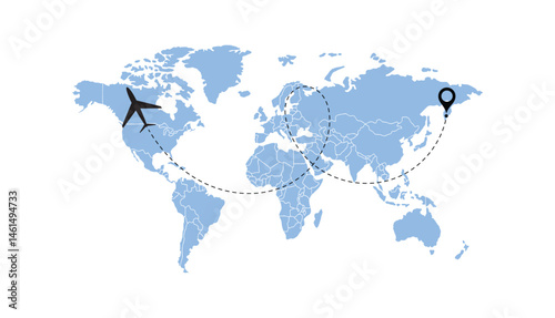 world map, flying white airplanes routes vector illustration
