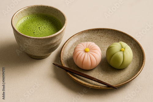 Japanese wagashi sweets with matcha tea