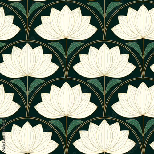Art Deco Ivory Lotus flowers on golden fan shapes seamless pattern on emerald green background. For wallpaper, home décor and fabric