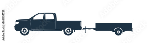 A pickup truck tow 1 axle open trailer. Vector illustration.
