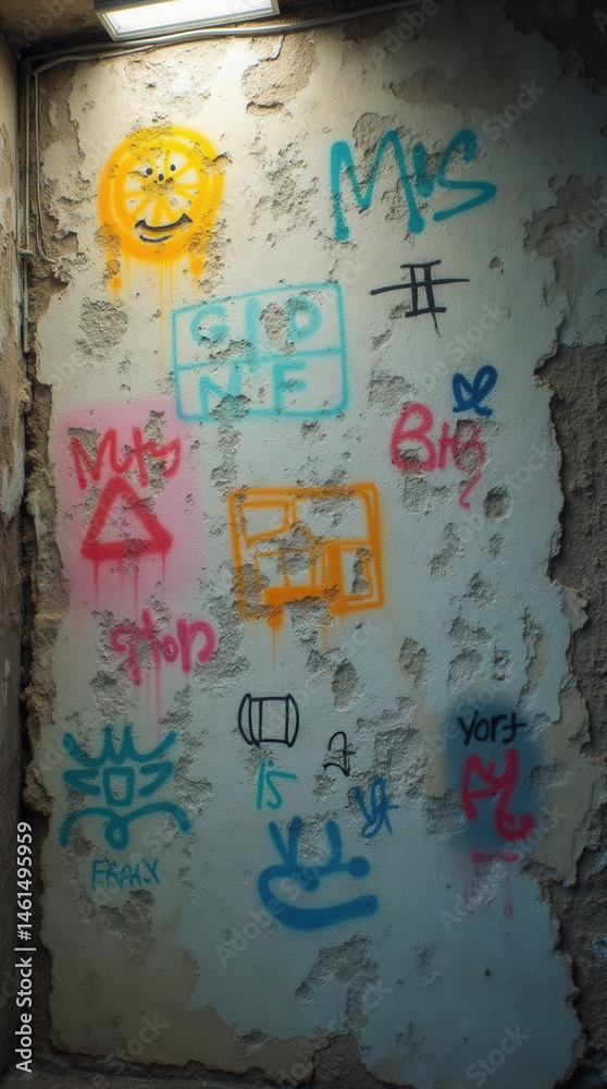 Obraz premium Weathered Surface Adorned with Vibrant Graffiti.