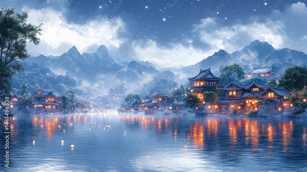 Obraz premium Serene waters reflect a quaint village nestled between misty mountains