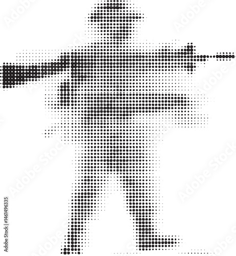 A black and white figure stands in a defensive pose outlined with numerous small dots.
