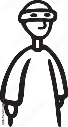 A cartoon figure with a blindfold and handcuffs stands confidently.
