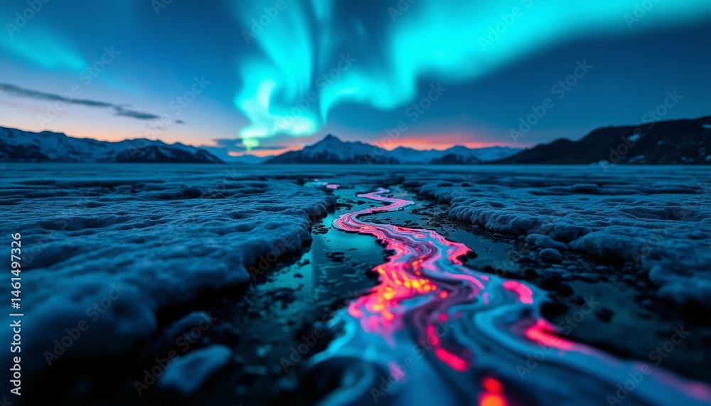 Naklejka premium Damascus steel texture showcases swirling aurora borealis on a frosty plain beneath a twilight sky.