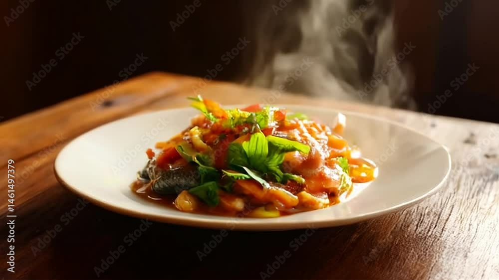 Tinga De Pescado with Chipotle Sauce on White Plate with Cilantro and Carrots on Dark Wooden Table top Still Life