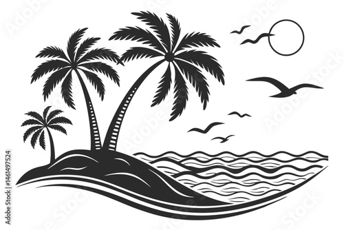 97 Black and white illustration, coastal landscape, rocky shore, rugged cliffs, silhouette of pine trees, dramatic skyline, ocean waves, detailed rocks, high contrast, intricate linework, minimalist s