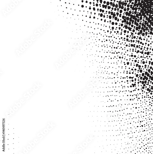 A dynamic scattering of dark dots creates a sense of movement and dispersion across a white background.