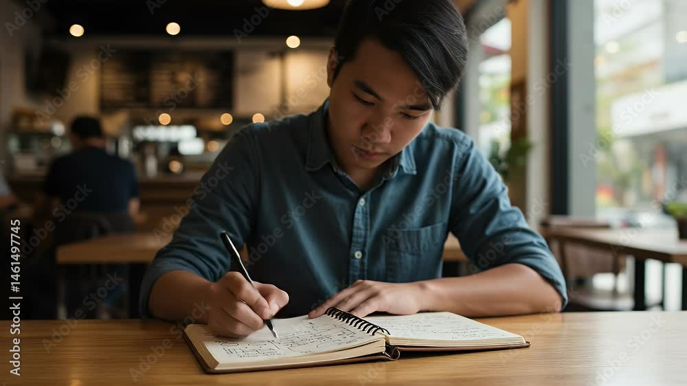 Focused Young Man Writing in Notebook at a Coffee Shop Focused Young Man Writing in Notebook at a Coffee Shop