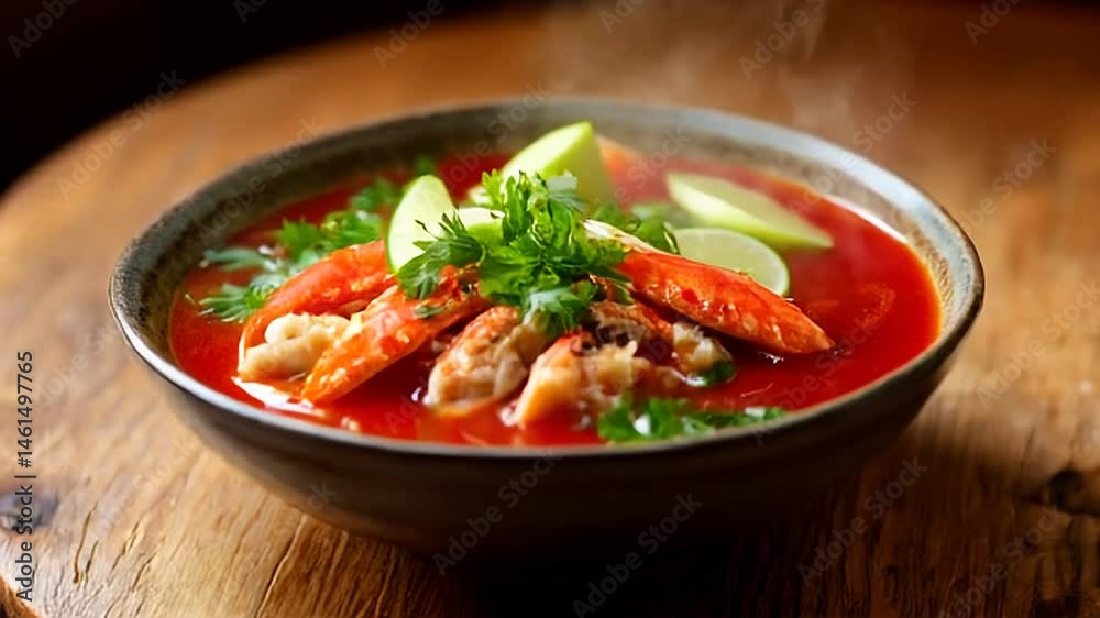 Tom Yum Soup Topped with Crab and Lime In Dark Gray Bowl On Wooden Table Tom Yum Soup Topped with Crab and Lime In Dark Gray Bowl On Wooden Table
