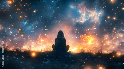 Silhouetted figure contemplating a cosmic night sky.