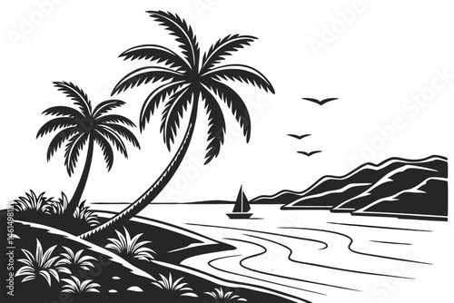 98 Tropical island silhouette, palm trees, wavy water, black and white illustration, minimalist design, beach landscape, graphic art, simplified shapes, coastal scenery, vacation vibes, tranquil ocean