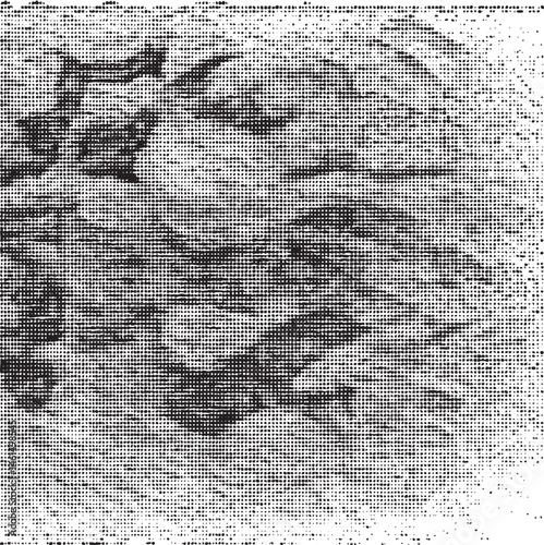 A grayscale portrait features a person's face partially obscured by