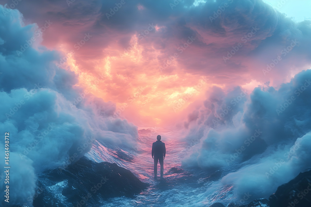 Obraz premium Silhouette figure standing on a surreal sea path through vibrant clouds.