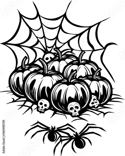 SVG vector of a Halloween-themed pumpkin skull design. Black and White Halloween Pumpkin and Skull Design with Spiders