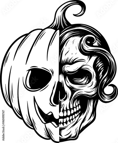 SVG vector of a Halloween-themed pumpkin skull design. Halloween Pumpkin and Skull Split Design for Spooky Celebrations