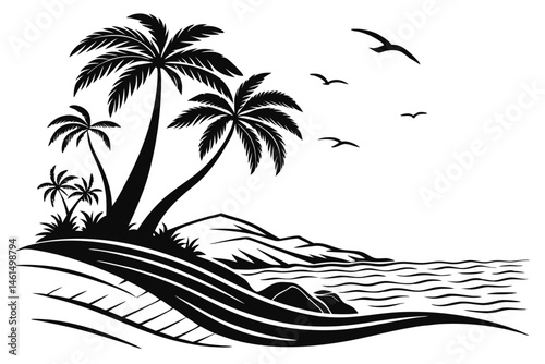 98 Tropical island silhouette, palm trees, wavy water, black and white illustration, minimalist design, beach landscape, graphic art, simplified shapes, coastal scenery, vacation vibes, tranquil ocean