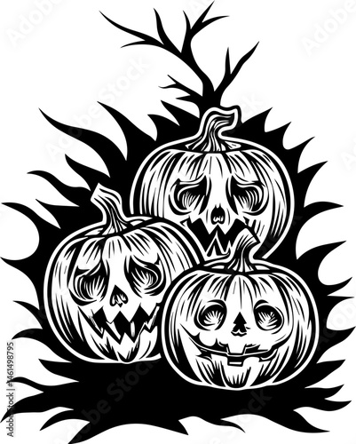 SVG vector of a Halloween-themed pumpkin skull design. Creepy Halloween Pumpkins with Scary Faces in Black and White Art