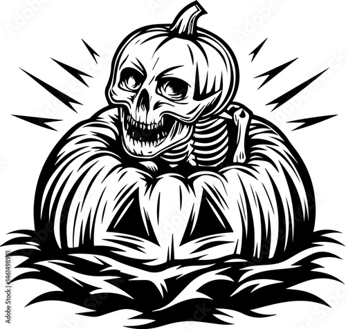 SVG vector of a Halloween-themed pumpkin skull design. Creepy Skeleton Inside Pumpkin Illustration for Halloween Occasion
