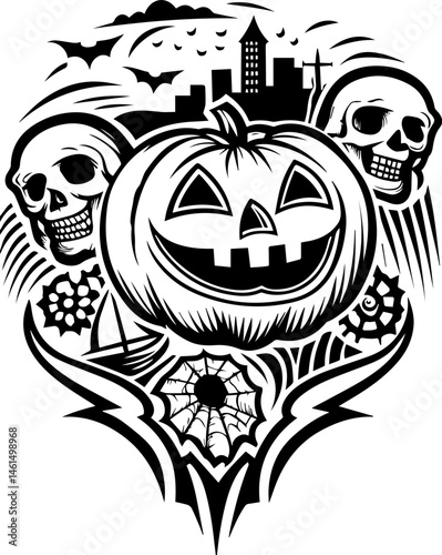 SVG vector of a Halloween-themed pumpkin skull design. Spooky Halloween Design with Pumpkin, Skulls, and Bats
