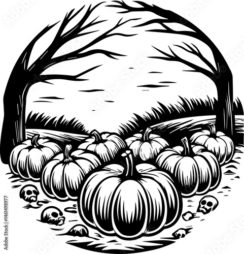 SVG vector of a Halloween-themed pumpkin skull design. Spooky Pumpkin Patch with Skulls Underbare Trees in Monochrome Style