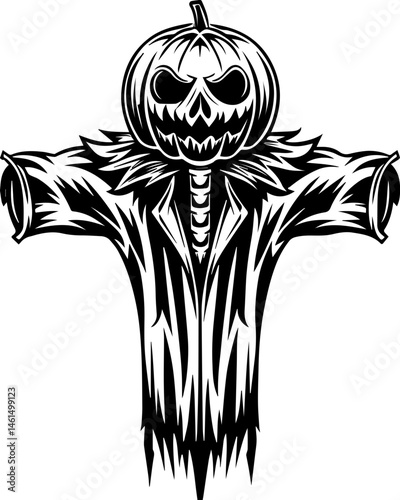 SVG vector of a Halloween-themed pumpkin skull design. Scarecrow with Pumpkin Head Design for Halloween Decoration
