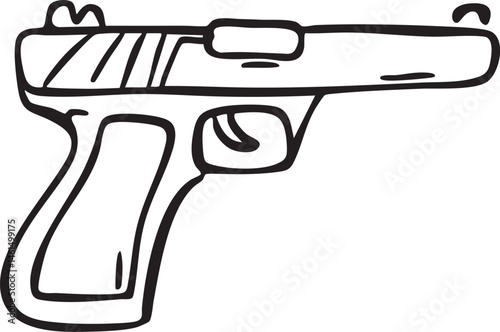 A black and white drawing depicts a handgun.