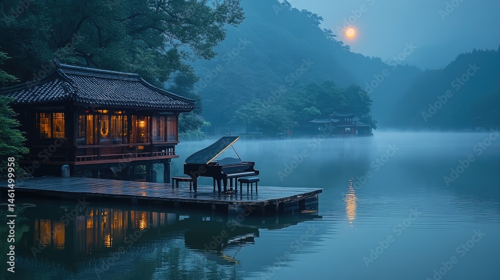 Fototapeta premium Tranquil Lakeside Piano
