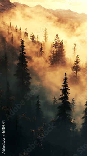 Misty sunrise mountain landscape