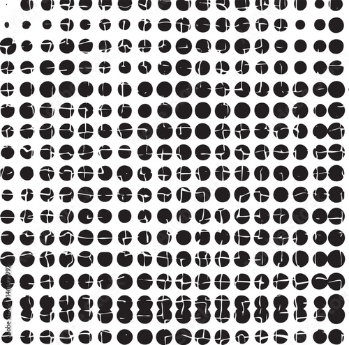 A dense of numerous black and white circular shapes creates a textured abstract