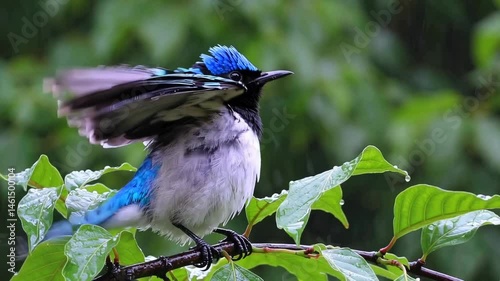 Blue bird flapping wings on rainy day in forest branch habitat closeup