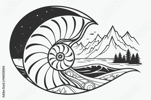 99 black and white illustration, abstract seashell, mountain peaks, ocean waves, surreal landscape, negative space, high contrast, minimalist design, organic shapes, flowing lines, nature fusion, symb