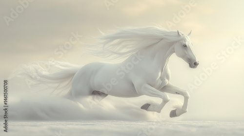 Majestic white horse gallops through misty landscape at dawn, embodying grace and freedom in a tranquil setting