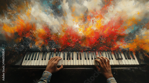 Melodies ignite the imagination in a vibrant explosion of color as fingers dance over piano keys in a surreal landscape at dusk