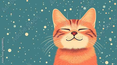Cheerful orange cat smiles blissfully against a backdrop of whimsical snowflakes and bubbles, radiating warmth and joy in a vibrant turquoise atmosphere