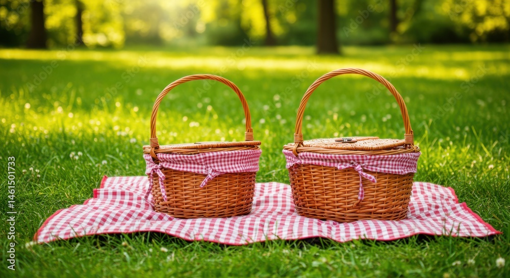 Two picnic baskets on a red and white checkered blanket in a grassy park on a sunny day outdoors