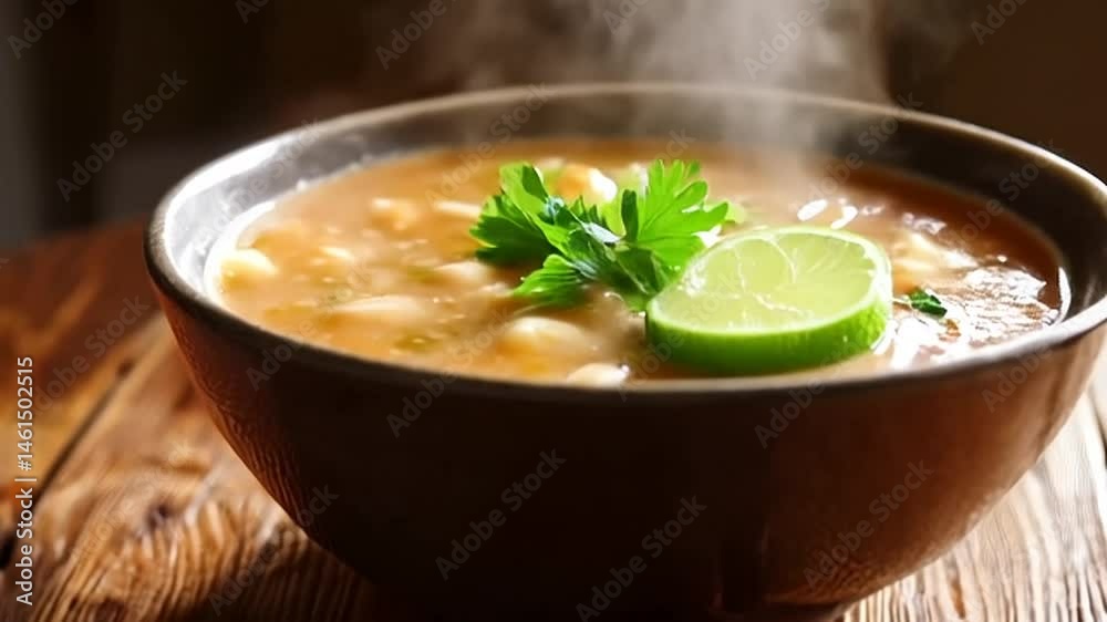 Warm Mexican Bean Soup in Brown Bowl with Lime and Cilantro on Rustic Wooden Table Still Life Gourmet Culinary Dish