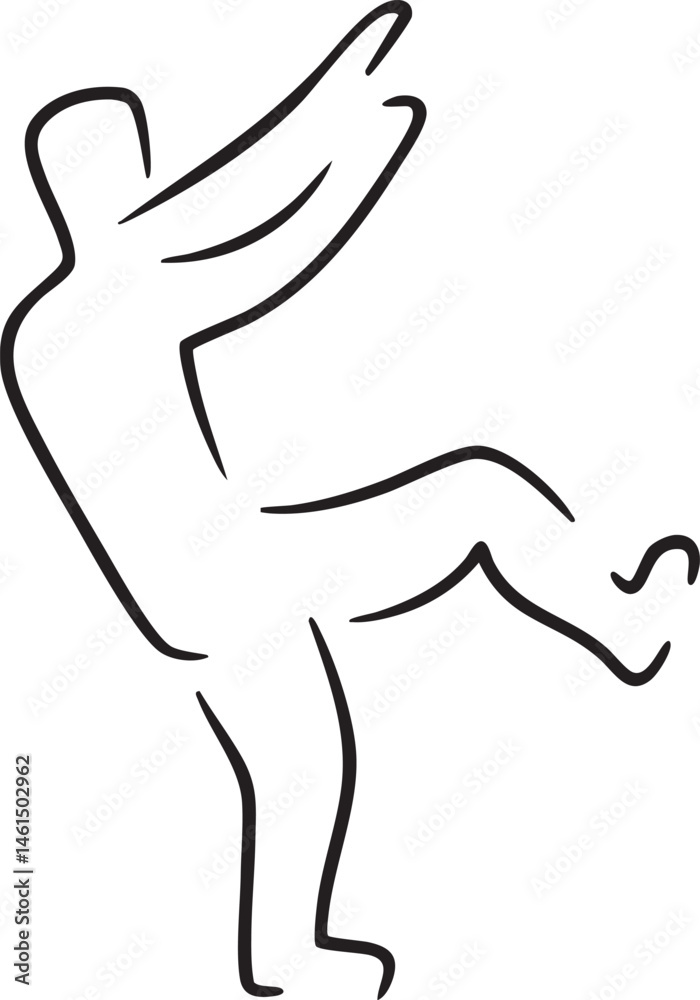 A solitary figure performs a dynamic kicking motion against a white background. A solitary figure performs a dynamic kicking motion against a white background.