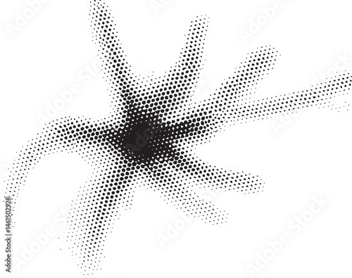 A stylized black-centered star bursts outward with a network of white dots.