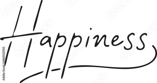A handwritten word 'Happiness' is presented on a white background.