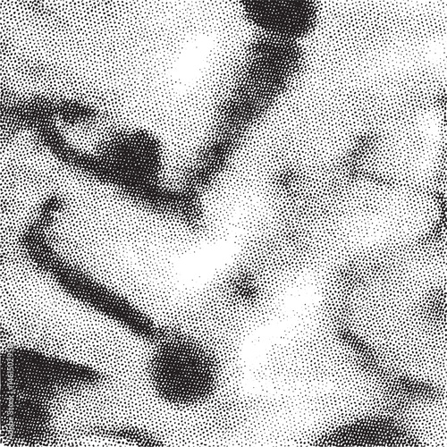 A close-up portrait reveals a textured pointillist face.