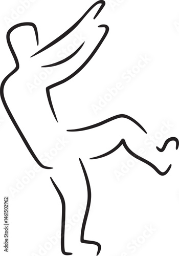 A solitary figure performs a dynamic kicking motion against a white background.