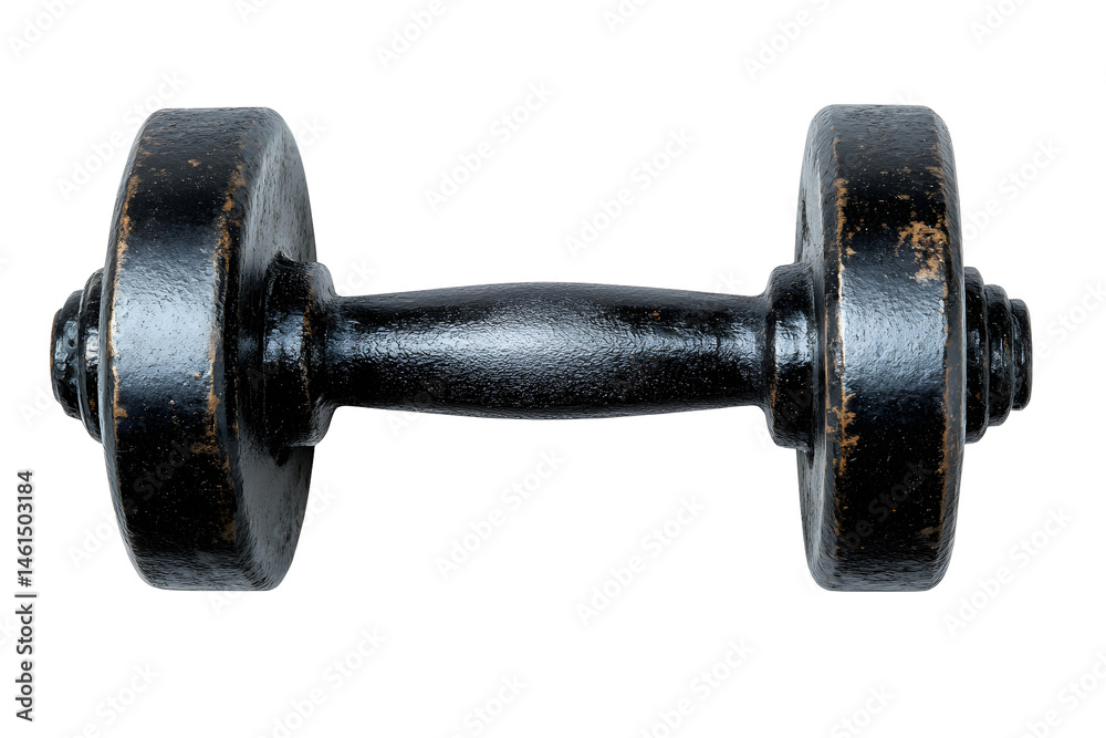Heavy, black dumbbell, round weights, sturdy handle