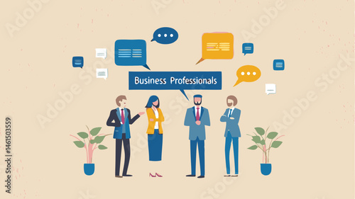 Illustration of business professionals with speech bubbles in a collaborative and communicative setting