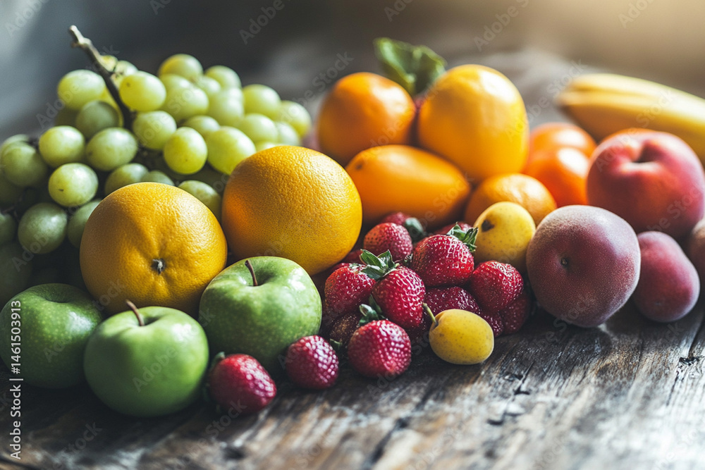 Appetizing farm fruits on a rustic table with soft light and the possibility to place a logo Appetizing farm fruits on a rustic table with soft light and the possibility to place a logo