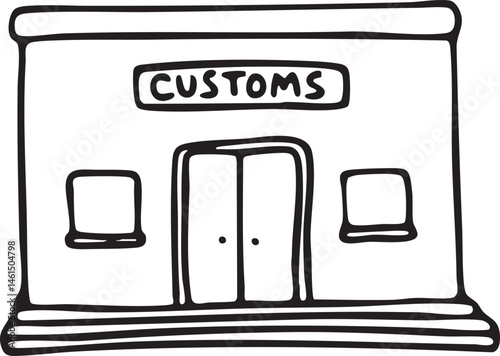 A simple black and white depicts a stylized customs building.