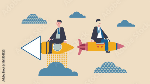 Two businessmen riding rockets through a sky filled with clouds in a cartoon illustration style image